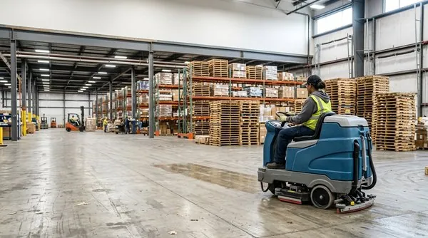 An operator in a high-visibility vest drives a ride-on floor scrubber across the polished concrete aisle of a warehouse, leaving a clean wet track behind it, with racked pallets and a forklift further down the bay. An operator in a high-visibility vest drives a ride-on floor scrubber across the polished concrete aisle of a warehouse, leaving a clean wet track behind it, with racked pallets and a forklift further down the bay.