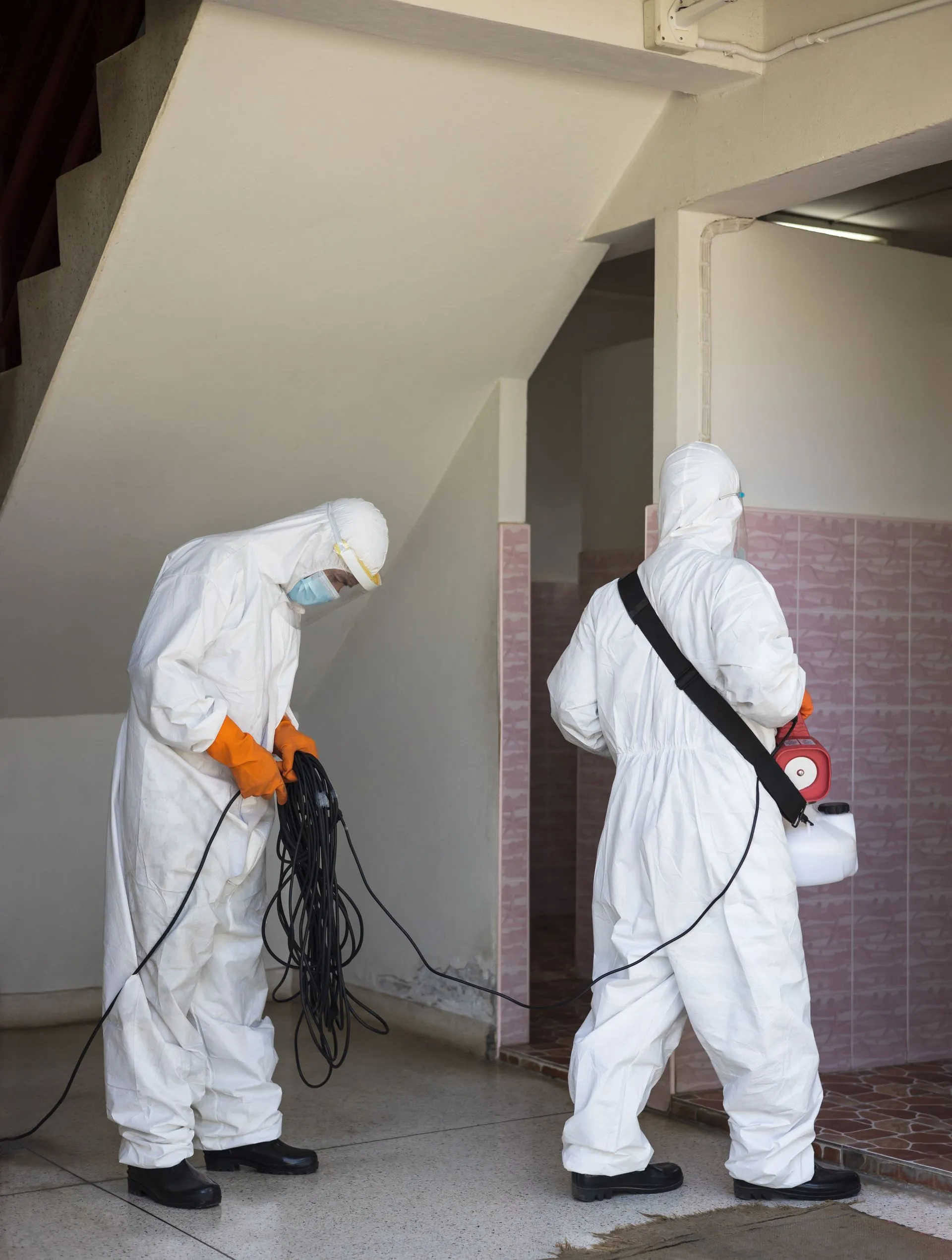 Two men in protective suits are disinfecting a room. Two men in protective suits are disinfecting a room.
